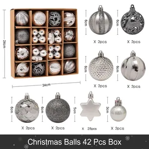 Detail of 42pcs Christmas ball set showing 3cm and 6cm silver ornaments in a gift box