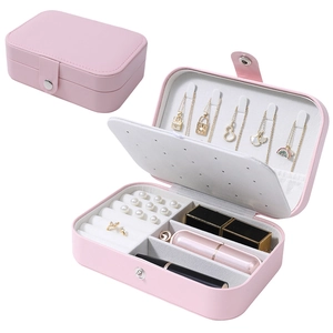 Portable pink leather jewelry box with double-layer storage for rings and necklaces