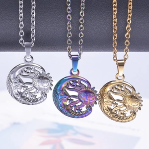 Minimalist moon and sun stainless steel necklace in silver, gold, and rainbow finishes