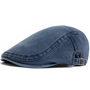 Vintage washed cotton flat cap in navy blue with adjustable metal buckle on side