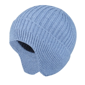 Thick light blue ribbed knit winter beanie with ear flaps and warm fleece lining