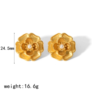 French vintage 18K gold floral earrings with pearls, 24.5mm diameter design