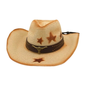 Unisex straw cowboy hat with star patterns, leather band, and metal bull head ornament