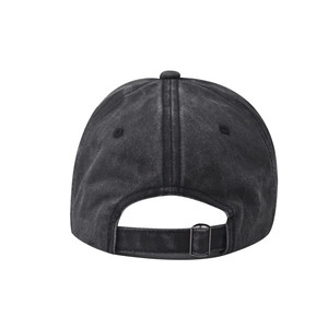 Rear view of washed cotton baseball cap with adjustable gunmetal metal buckle