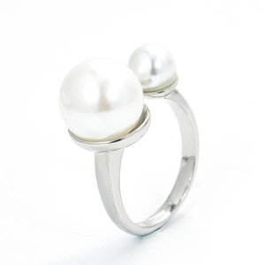 Elegant adjustable silver open ring featuring two white imitation pearls of different sizes