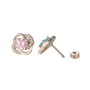 Silver four-leaf clover stud earrings with pink and blue heart zircons in 45-degree view