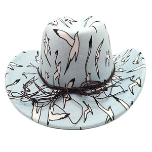 Detail of light blue felt cowboy hat featuring seagull prints and brown rope trim