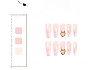 Detail of pink French press-on nails with white pearls and gold-edged heart rhinestones