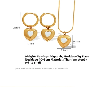 Detail of heart shell jewelry set in titanium steel with specific size measurements