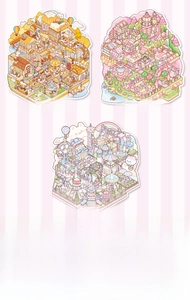 Detailed view of 3D miniature scene stickers with cute cats and cartoon town themes