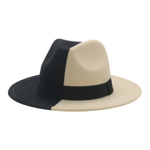 Detail of two-tone black and beige wool fedora hat with black decorative ribbon band