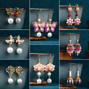 Vintage Chinese Style Enamel Butterfly Flower Dangle Earrings With 925 Sterling Silver Earring Post And Imitation Artificial Pearl