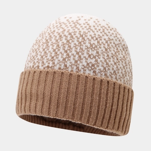 Detailed close-up of color-block knit beanie texture with thick winter-ready warm stitching