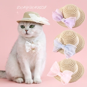 Pet Straw Hat Artificial Pearl Lace Mesh Bow Princess Sun Protection For Cats Small Dogs Photography Props Elegant Headwear