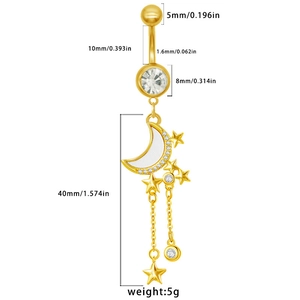 Detailierte Maßtabelle für vergoldetes Bauchnabelpiercing mit Mond, Stern und Zirkonia