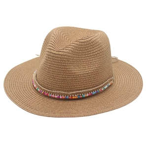 Summer Panama straw hat for women with colorful beads and rhinestone decoration