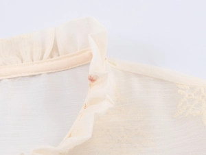 Detailed close-up of beige tulle shirt featuring ruffled stand collar and delicate embroidery