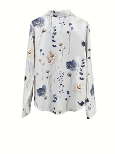 Chemisier femme à manches longues avec élégant imprimé floral bleu et violet sur fond blanc