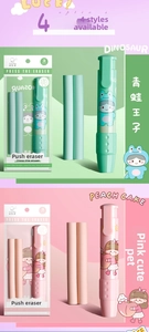 Detail view of retractable pen-style eraser set with refills in green and pink themes