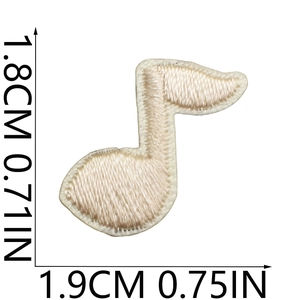 Macro view showing dimensions of a cream musical note embroidered patch for DIY crafts