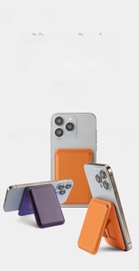Close-up of magnetic leather card holder wallet and kickstand for iPhone in orange and purple