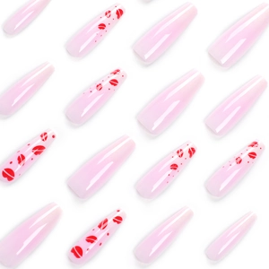 Long coffin fake nails with light pink glossy finish and red lip patterns on white background