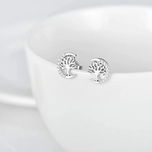 S925 Sterling Silver Tree of Life and Moon Stud Earrings with shiny white zircon