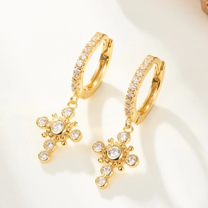Gold S925 silver hoop earrings featuring micro-pave zircon cross pendants and a luxury finish