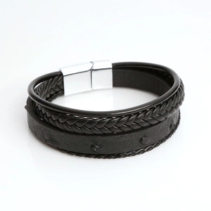 Black multilayer leather and braided rope men's bracelet with silver magnetic clasp