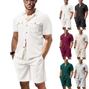 Hombre Verano Casual Gofre Punto Poliéster Camisa Manga Corta Y Pantalones Cortos Con Cordón Color Sólido Transpirable