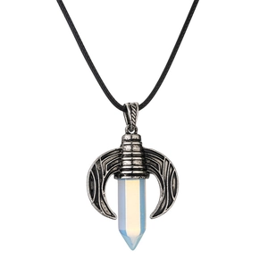 Detailed view of bohemian crescent moon pendant with opal hex pillar on a black cord