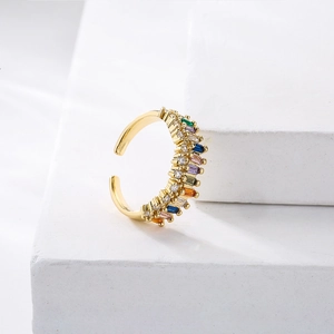 18K gold plated open ring featuring multi-color rainbow zircons in a geometric design