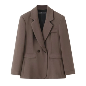 Women's chic mocha brown double-breasted blazer with shoulder pads and notched lapels