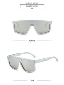 Modern oversized square sunglasses with matte silver finish showing front and side views