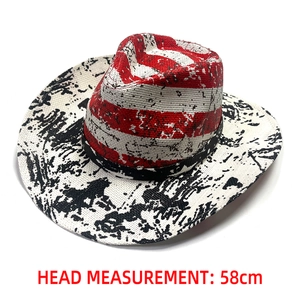 Detail shot of American flag straw cowboy hat with 58cm head measurement text