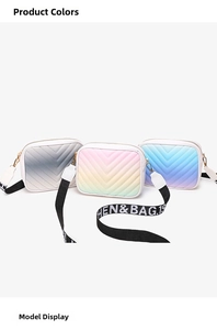 Close-up of three gradient chevron quilted crossbody bags with wide fabric straps