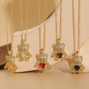 Fashion Copper Bear Pendant Necklace Heart Zirconia Inlaid Cute Animal Gold Silver Necklace For Women Daily Party Jewelry Gift