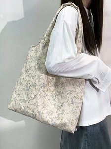 Women Canvas Shoulder Bag Large Capacity Floral Print Retro Korean Style Tote Handbag For Daily Shopping Travel