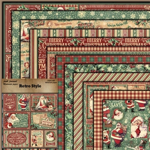 Detail of 12 retro Christmas scrapbook papers with Santa motifs and vintage textures