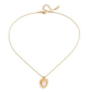 Collier pendentif coeur en or 18K avec zircon ovale et chaîne à billes fine polie