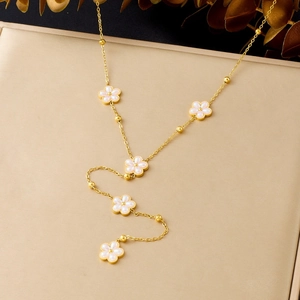 Collier En Y En Acier Inoxydable Doré Avec Pendentifs Fleurs En Imitation Nacre Bijou Élégant À Long Pompon Pour Femmes