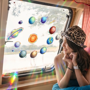 Rainbow prism solar system window decals featuring holographic planets on a glass surface