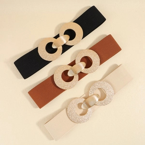 Three-piece women's elastic belts set with golden interlocking round buckles in black brown beige