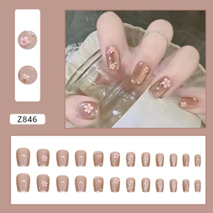 Cat eye press-on nails with 3D camellia flowers and pearls, 24pcs set in pink brown