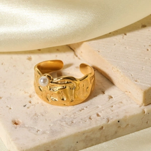 Hammered Artificial Pearl Ring Stainless Steel 18K Gold Plated Lava Texture Adjustable Open Band Vintage Aesthetic Jewelry For Women