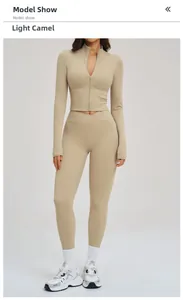 Light camel yoga set featuring zip-up long sleeve top and cross-waist pocket leggings