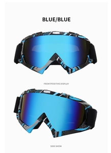 Front and side view of blue graffiti ski goggles with wide mirrored lenses and strap