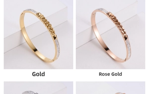 Detail view of gold and rose gold titanium steel bangles with pavé zircons and woven design