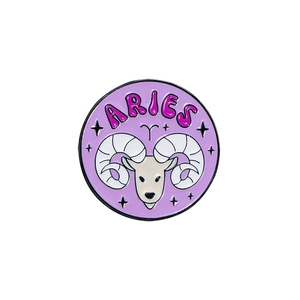 Aries zodiac enamel pin badge featuring a white ram head on purple and pink background