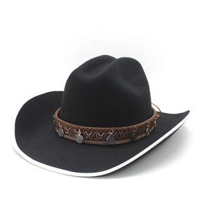 Black western cowboy felt hat with ethnic pattern band and silver pendants